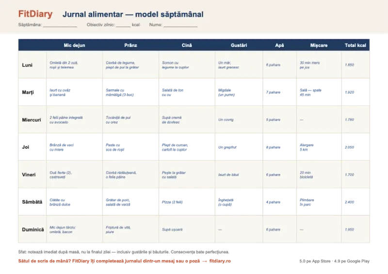 Exemplu de jurnal alimentar completat — tabel săptămânal cu mese, apă, mișcare și calorii